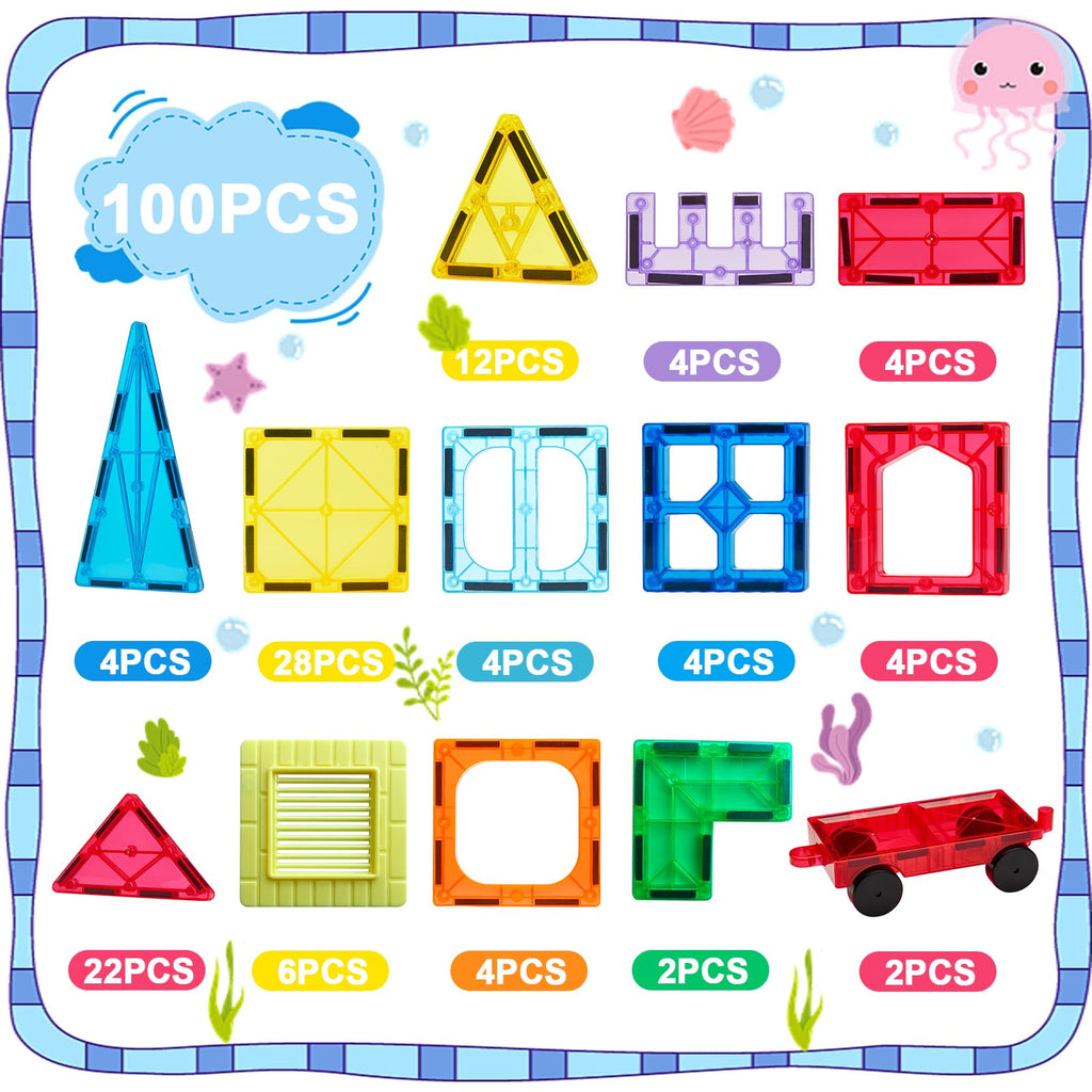 Anbalulu 100 Pieces Magnetic Tiles with 2 Cars, STEM Educational Building Blocks for Kids Ages 3-9, Magnet Construction Toys Gift for Toddlers