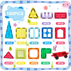 Anbalulu 100 Pieces Magnetic Tiles with 2 Cars, STEM Educational Building Blocks for Kids Ages 3-9, Magnet Construction Toys Gift for Toddlers
