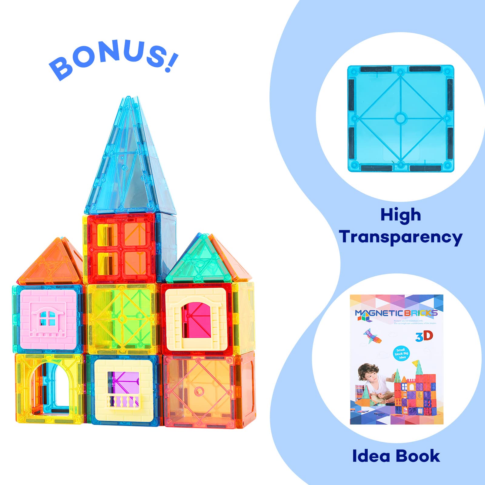 Anbalulu 63 Pieces Magnetic Tiles, Magnetic Blocks for Kids, Magnet Building Set, Construction Building Set,STEM Sensory Educational Toys Gift for Toddlers Kids 3-9 Year Old