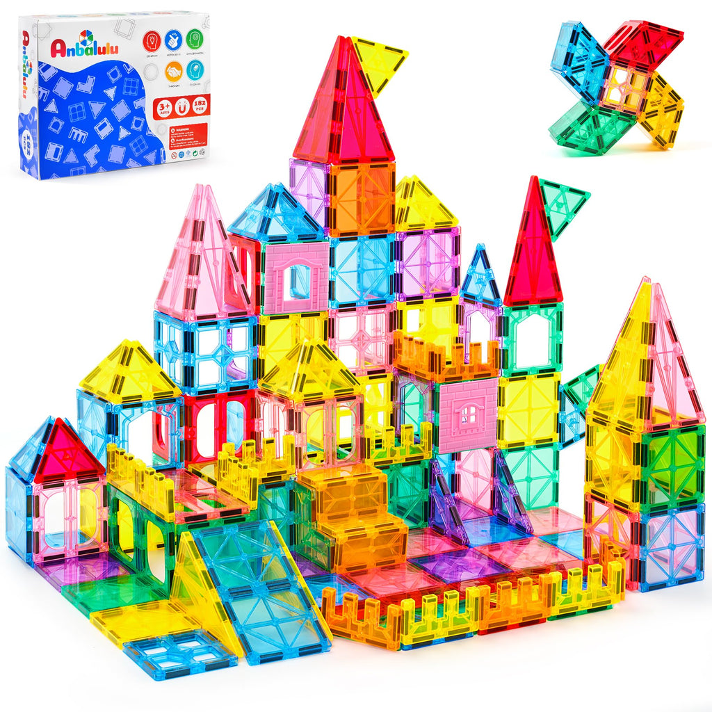 Anbalulu 182 Pieces Magnetic Tiles, Large Castle Building Blocks for Kids | Supersized STEM Construction Set, Strong Magnets, Toddler Safe, Clear Rainbow Colors for Giant Creative Builds
