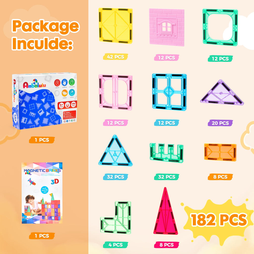 Anbalulu 182 Pieces Magnetic Tiles, Large Castle Building Blocks for Kids | Supersized STEM Construction Set, Strong Magnets, Toddler Safe, Clear Rainbow Colors for Giant Creative Builds