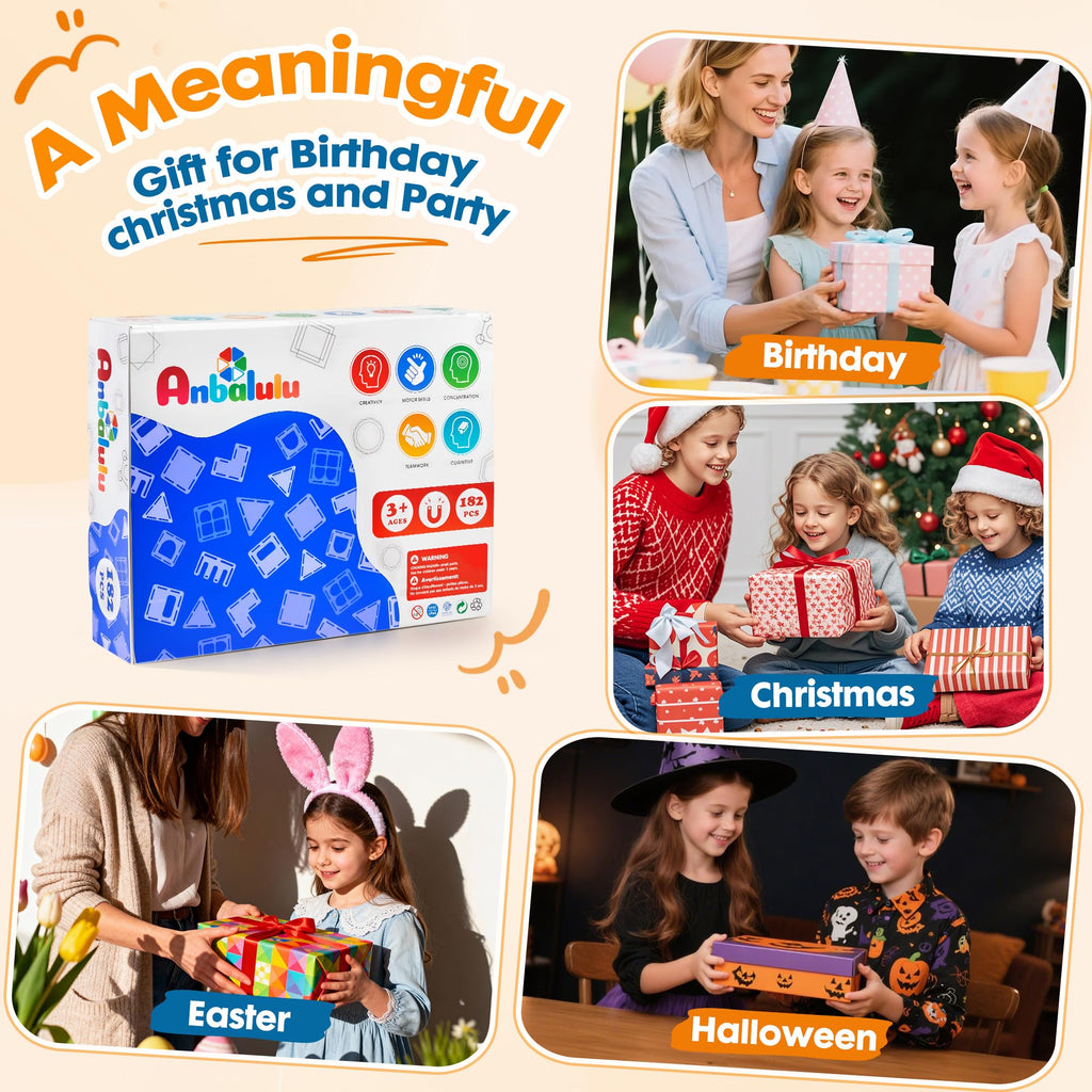 Anbalulu 182 Pieces Magnetic Tiles, Large Castle Building Blocks for Kids | Supersized STEM Construction Set, Strong Magnets, Toddler Safe, Clear Rainbow Colors for Giant Creative Builds